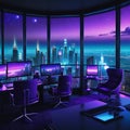 a beautiful skyline view at night from retro futuristic home office with multiple computer home