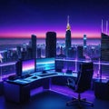 a beautiful skyline view at night from retro futuristic home office with multiple computer home