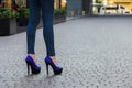 Beautiful slender female legs in tight jeans and blue shoes on a Royalty Free Stock Photo