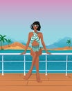 Beautiful slender girl in a swimsuit and glasses posing against the backdrop of a seascape while riding a yacht on vacation Royalty Free Stock Photo