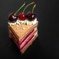 Beautiful Slice Chocolate caramel cake with cherries on dark background Royalty Free Stock Photo