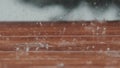 Beautiful slow motion b-roll footage of heay rain falling on a backyard deck.