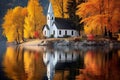 Beautiful small Austrian town in autumn. Church reflecting in calm lake waters. Travelling to Europe on sunny fall day