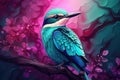 Beautiful small bird perched on a branch with pink flowers. Generative AI