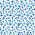 Beautiful small blue flowers with leaves on white background. Seamless floral pattern. Watercolor painting.