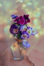 Beautiful small bouquet of pansy flowers in a glass vase on a blurred background with colorful bokeh. Shallow depth of Royalty Free Stock Photo