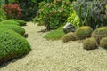 Beautiful small gravel garden, decorated with light brown pebble in the middle, brown stone, cactus, green leafs ground cover Royalty Free Stock Photo