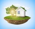 Beautiful small island with grass and tree and house levitating Royalty Free Stock Photo