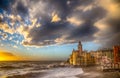 Beautiful Small Mediterranean Town with rough sea - Camogli, Genoa, Italy, Europe.