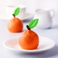 Beautiful Small Mousse Cake in Shape of Citrus Mandarin Tasty Modern Dessert Pastry White Blue Background Cup of Coffee
