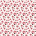 Beautiful small pink flowers with leaves on white background. Seamless floral pattern. Watercolor painting.