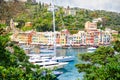 Beautiful small village Portofino with colorfull houses, luxury boats and yachts in little bay harbor. Liguria, Italy Royalty Free Stock Photo