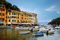 Beautiful small village Portofino with colorfull houses, luxury boats and yachts in little bay harbor. Liguria, Italy Royalty Free Stock Photo