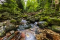 Beautiful small waterfall full of small and big rocks and stones with trees around next to mountain trail in Giant mountains Royalty Free Stock Photo