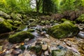 Beautiful small waterfall full of small and big rocks and stones with trees around next to mountain trail in Giant mountains Royalty Free Stock Photo