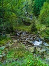 Beautiful small waterfall full of small and big rocks and stones with trees around next to mountain trail in Giant mountains Royalty Free Stock Photo