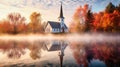 A beautiful small white wooden church reflecting in a lake in autumn, beautiful red tree colors, a light mist - generative AI Royalty Free Stock Photo