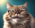 Beautiful, smart cat with glasses on a clean background, close-up