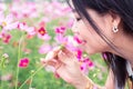 Beautiful smile asian woman in the cosmos field.Vintage Style Royalty Free Stock Photo