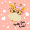 Beautiful smile cartoon giraffe in glasses on the pink background.