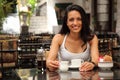 Beautiful smile from happy young woman in cafe Royalty Free Stock Photo