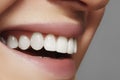 Beautiful smile with whitening teeth. Dental photo. Macro closeup of perfect female mouth, lipscare rutine