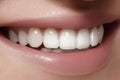 Beautiful smile with whitening teeth. Dental photo. Macro closeup of perfect female mouth, lipscare rutine Royalty Free Stock Photo