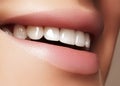 Beautiful smile with whitening teeth. Dental photo. Macro closeup of perfect female mouth, lipscare rutine