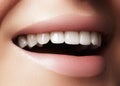 Beautiful smile with whitening teeth. Dental photo. Macro closeup of perfect female mouth, lipscare rutine Royalty Free Stock Photo