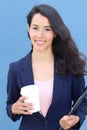 Beautiful smiley confident businesswoman portrait holding to go coffee cup and folder Royalty Free Stock Photo