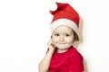 Beautiful smiling baby in red dress on masquerade, carnival Royalty Free Stock Photo