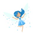 Beautiful smiling blue Fairy girl flying colorful cartoon character vector Illustration Royalty Free Stock Photo