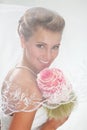 Beautiful smiling bride in the veil with bouquet Royalty Free Stock Photo