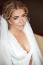 Beautiful smiling bride wedding portrait. Beauty fashion girl po Royalty Free Stock Photo