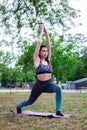 Beautiful brunette is  doing yoga High Lunge, Crescent Variation Pose Virabhadrasana in the green park. Concept of sport Royalty Free Stock Photo