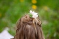 Beautiful smiling brunette young women  in blossom apple tree garden in spring time. Enjoy Nature. Healthy girl outdoor. Spring Royalty Free Stock Photo