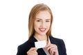 Beautiful smiling businesswoman with businesscard Royalty Free Stock Photo