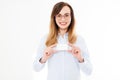 Beautiful smiling businesswoman with businesscard isolated on white background.Young girl posing with card. Copy space Royalty Free Stock Photo