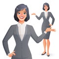 Beautiful smiling businesswoman presenting. Full length isolated vector illustration. Royalty Free Stock Photo