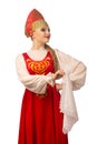 Beautiful smiling caucasian girl in russian folk costume on white Royalty Free Stock Photo