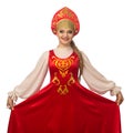 Beautiful smiling caucasian girl in russian folk costume on white Royalty Free Stock Photo