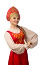 Beautiful smiling caucasian girl in russian folk costume on white Royalty Free Stock Photo