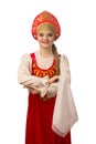 Beautiful smiling caucasian girl in russian folk costume on white Royalty Free Stock Photo