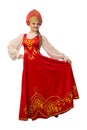 Beautiful smiling caucasian girl in russian folk costume on white Royalty Free Stock Photo