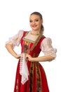 Beautiful smiling caucasian girl in russian folk costume isolated on white Royalty Free Stock Photo