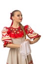 Beautiful smiling caucasian girl in russian folk costume isolated on white Royalty Free Stock Photo