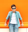 Beautiful smiling child boy wearing a sunglasses and shirt Royalty Free Stock Photo