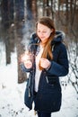 Beautiful Smiling Female Holding Sparklers Royalty Free Stock Photo