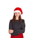 Beautiful smiling female model in dress. emotional girl in santa claus christmas hat isolated on white background. holiday concept Royalty Free Stock Photo