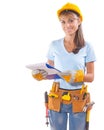 Beautiful smiling female worker holding clipboard and looking at Royalty Free Stock Photo